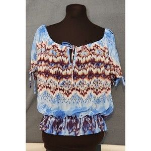 GUESS Blouse Top‎ Size XS Ikat Aztec Colorful Cold Shoulder Short Sleeve Sheer